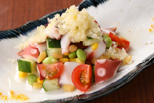 <p>蛸と彩り野菜葱ソース掛け</p>